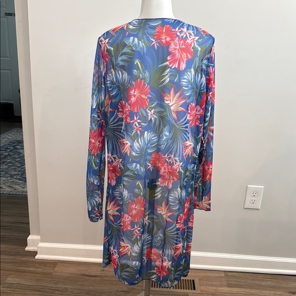 XL Sheer Tropical Floral Blue Swim Cover-Up - Picture 3 of 7